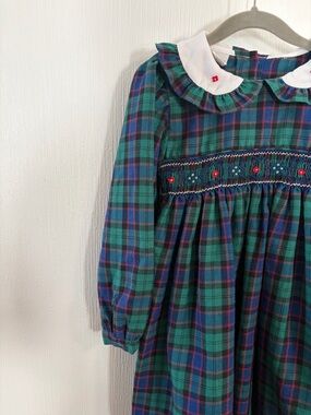 Green and Blue Plaid Smocked Long Sleeve Dress with White Peter Pan Collar